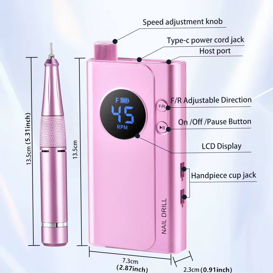 Speed adjustment knob  
- Type-c power cord jack  
- Host port  
(5.31inch) 13.5cm  
13.5cm  
F-000 45 RPM  
F/R Adjustable Direction  
On / Off / Pause Button  
LCD Display  
Handpiece cup jack  
7.3cm (2.87inch)  
2.3cm (0.91inch)