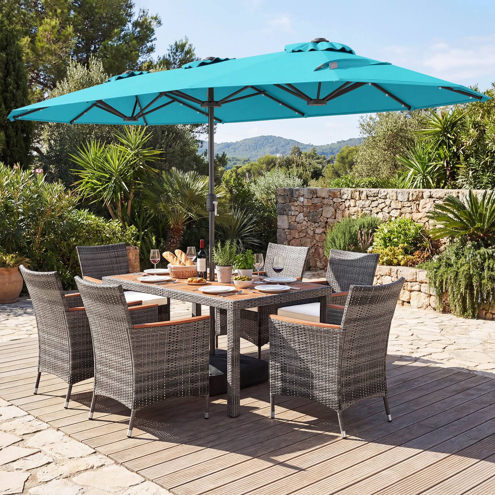 Alt View 4. Costway - Costway 8 PCS Outdoor Wicker Dining Furniture & Double-Sided Umbrella with Solar LED Lights - Turquoise+Mix Gray.