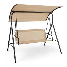 Costway - 3-Seat Patio Swing Chair with Adjustable Canopy, 800 lbs Heavy-Duty Metal Frame - Beige