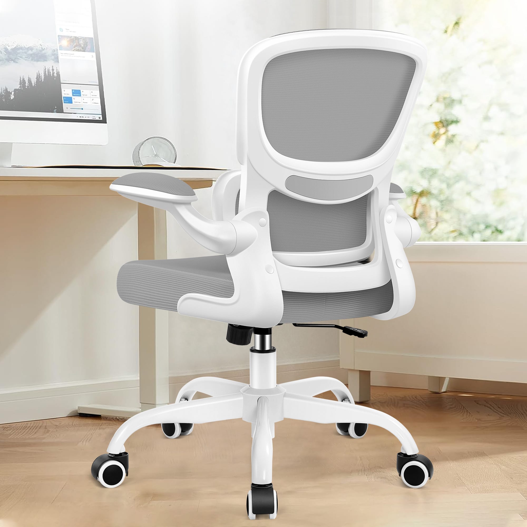 Brick Attic - Ergonomic Office Chair with Lumbar Support and Adjustable Armrests, Breathable Mesh Mid Back Computer Desk Chair - Light Gray
