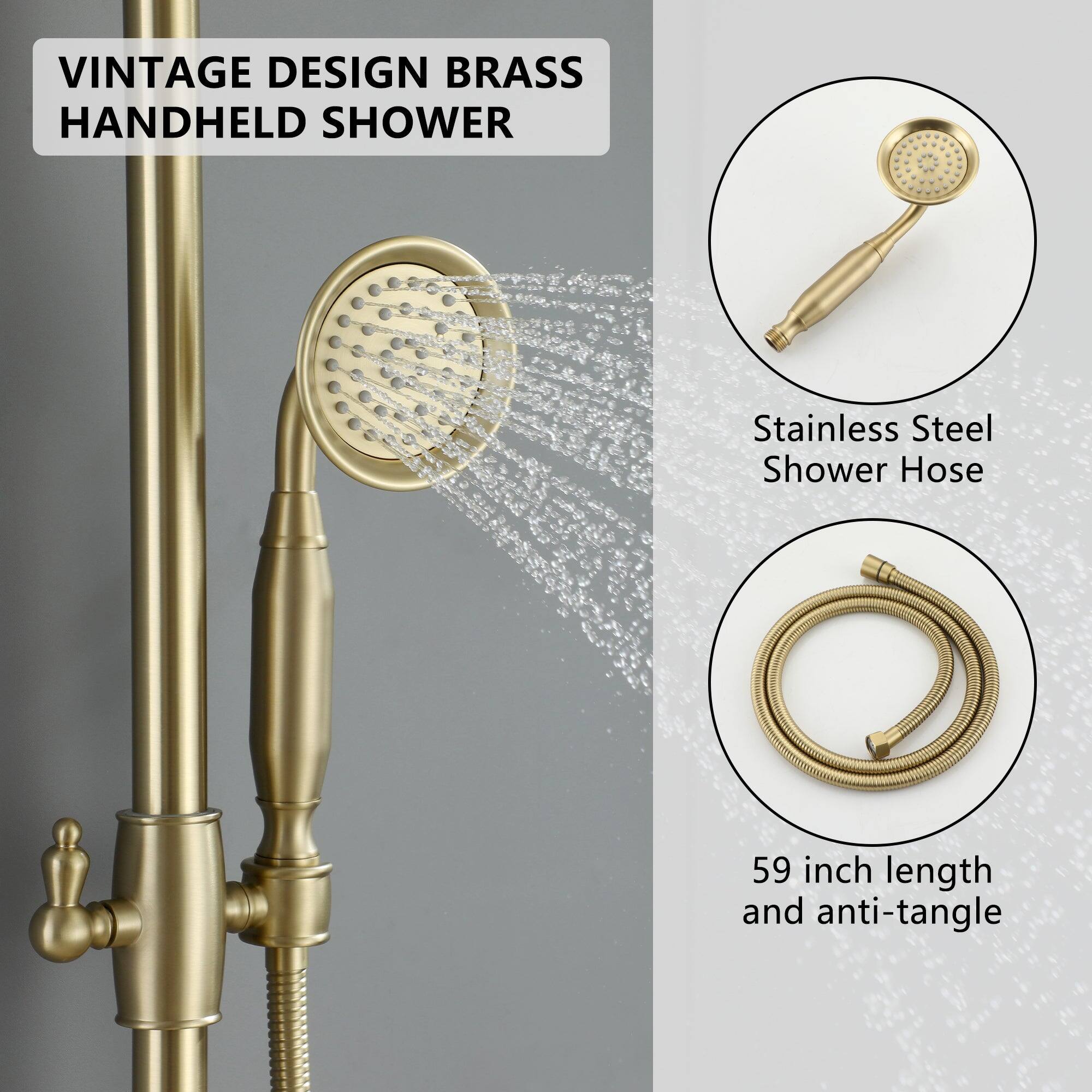 VINTAGE DESIGN BRASS HANDHELD SHOWER, Stainless Steel Shower Hose, 59 inch length and anti-tangle
