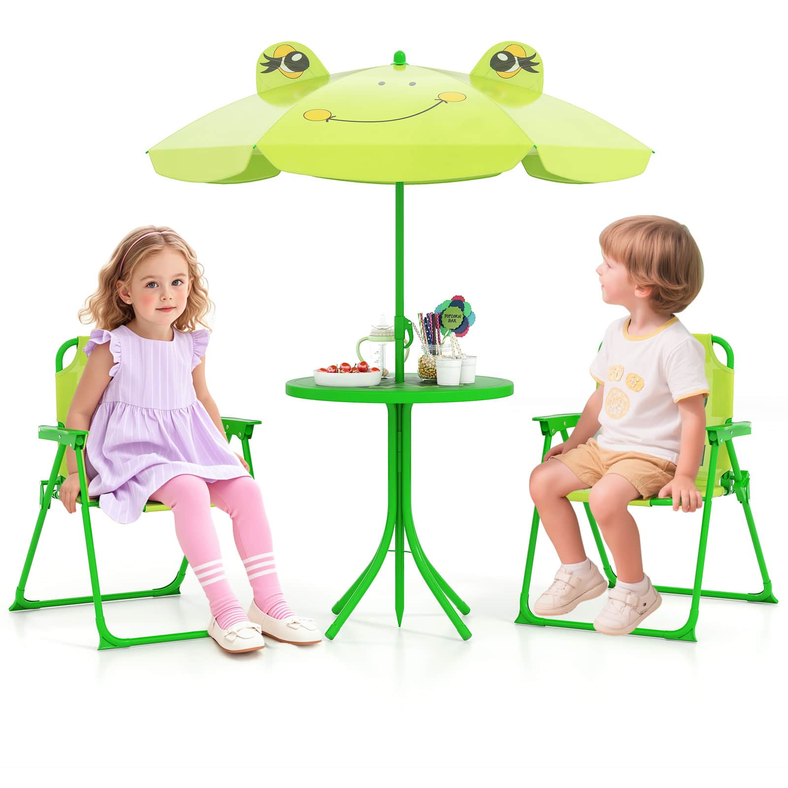 Gymax - Kids Picnic Table & Chair Set w/ 2 Folding Chairs & Height Adjustable Umbrella - Light Green