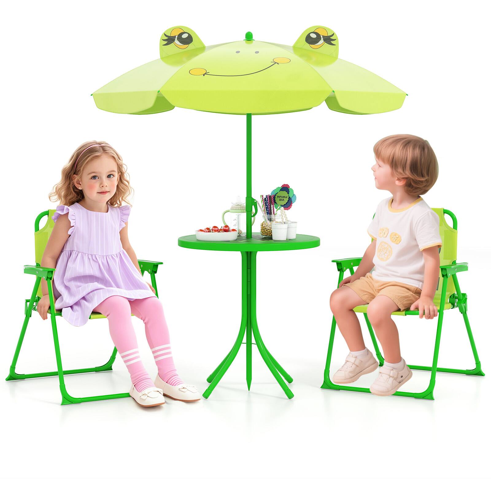 Front. Gymax - Gymax Kids Picnic Table & Chair Set w/ 2 Folding Chairs & Height Adjustable Umbrella - Light Green.