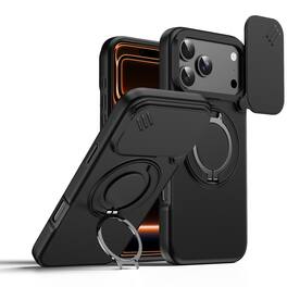 Dteck - Heavy Duty Case for Apple iPhone 17 Pro with Foldable Ring Stand,Bulit in Slide Camera Cover,Fit Magnetic Car Mount - Black