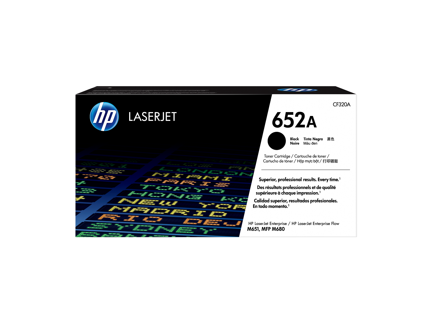 hp LASERJET - CF320A 652A Black Tinta Negra Noire Mau den Toner Cartridge / Cartouche de toner / Cartucho de toner / Hop muc bt / -X LONDON  PMI Superior, professional results. Every time. I - TK Des résultats professionnels et de qualité supérieure à chaque impression. HENG ISC HEW Calidad superior, resultados profesionales. MADR TOF En todo momento. - ada FIO HP LaserJet Enterprise/ HP LaserJet Enterprise Flow M651, MFP M680