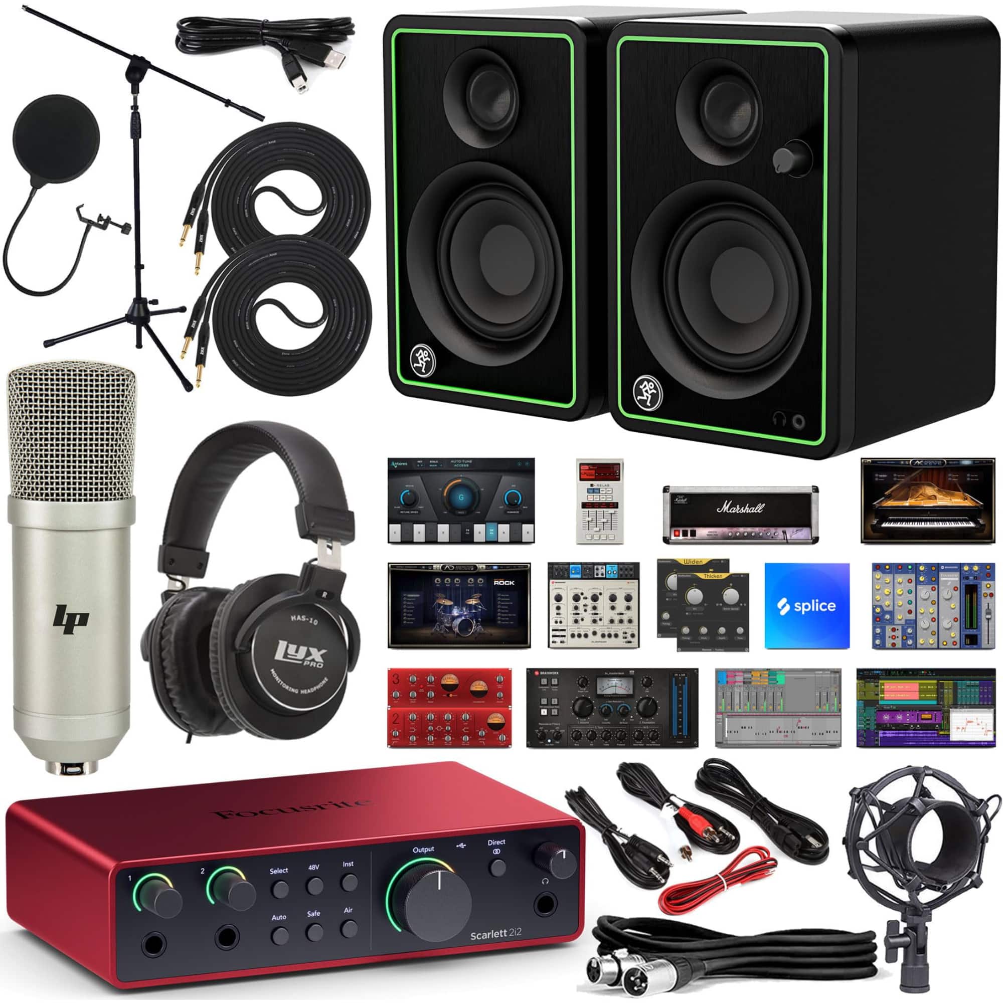 Focusrite - Scarlett 2i2 4th Gen USB Audio Interface Bundle W/Software, Monitors, Mic Kit & Headphones - Multicolor