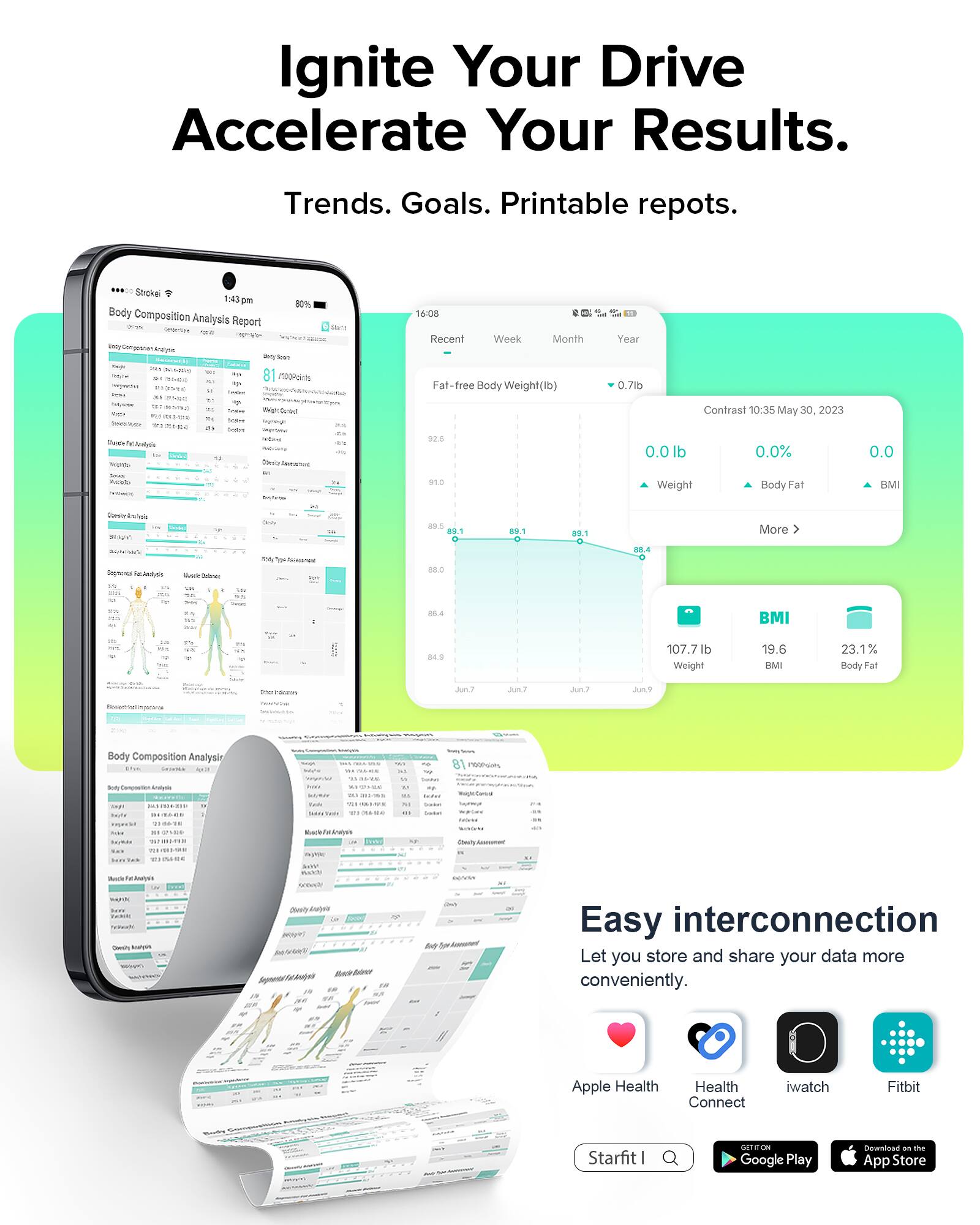 Ignite Your Drive  
Accelerate Your Results.  
Trends. Goals. Printable reports.  

Body Composition Analysis Report  
[Details of the report including metrics and graphs]  

Recent  
Week Month Year  
Fat-free Body Weight (lb)  
Contrast 10:35 May 30, 2023  
0.0 lb 0.0% 0.0  
Weight Body Fat BMI  

107.7 lb  
19.6 BMI  
23.1% Body Fat  

Easy interconnection  
Let you store and share your data more conveniently.  
Apple Health Health Connect iwatch Fitbit  

Starfit | Download on Google Play Download on the App Store