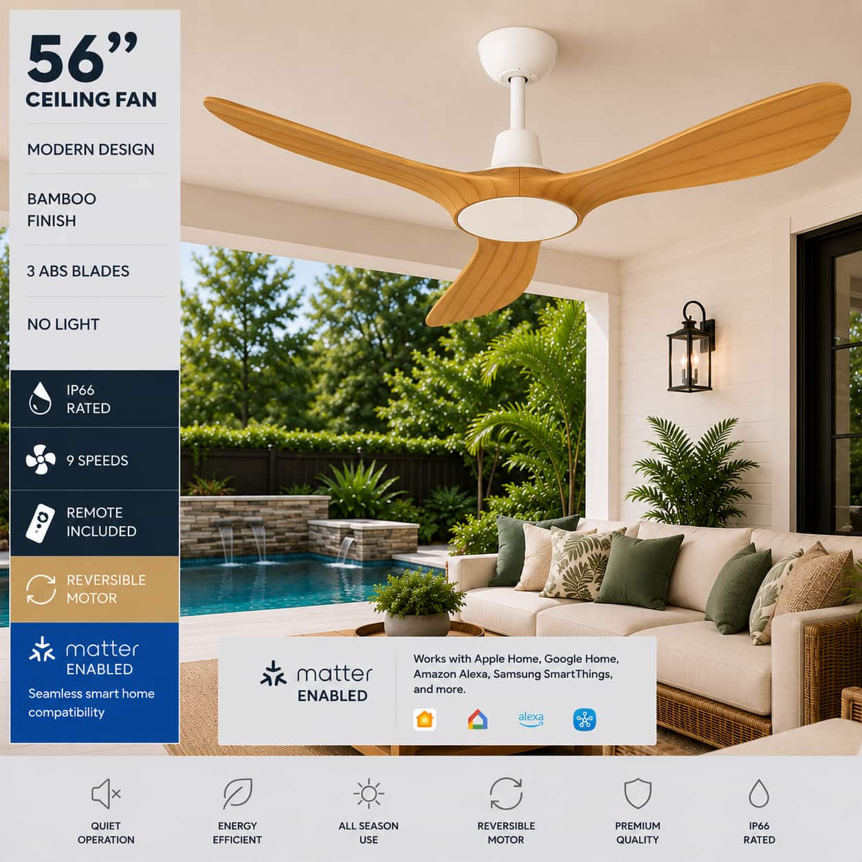 "ENLIGHT - 56"" Smart Ceiling Fan, IP66 Outdoor/Coastal, Weather Resist, Efficient & Quiet DC Motor, Reverse Mode, Matter, 3 Blades - Bamboo Woodgrain" price history on PriceWatchPro