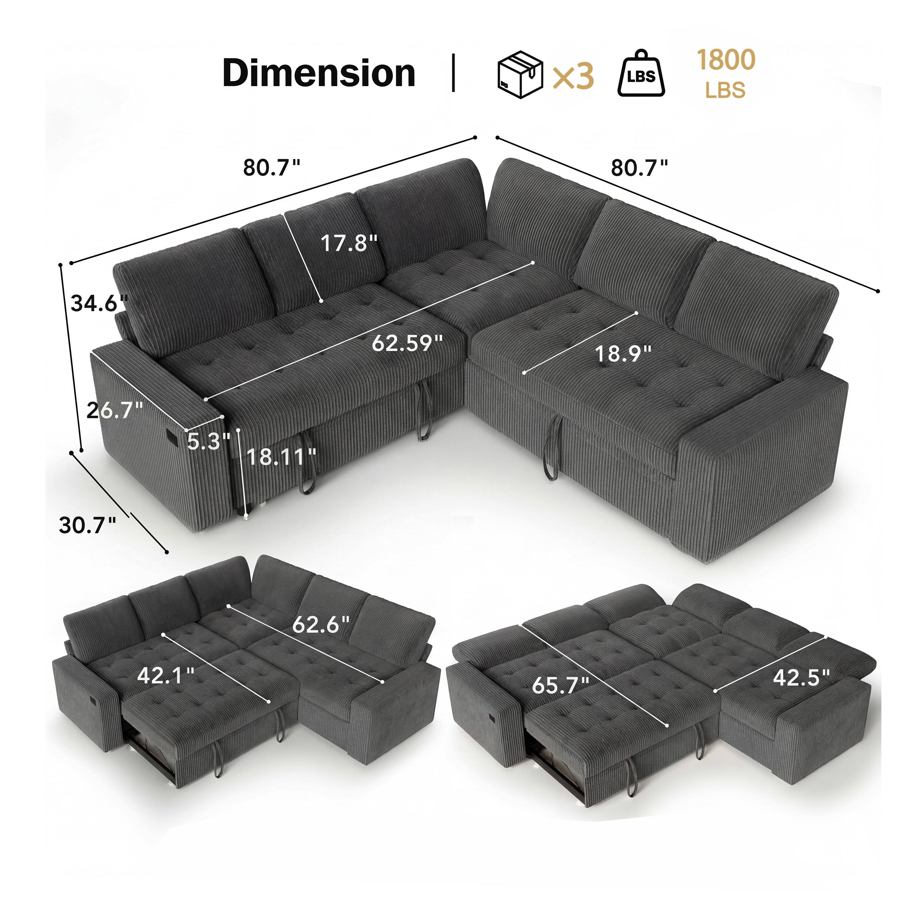 Dimension | x3 LBS 1800 LBS  
80.7" 80.7" 17.8" 34.6" 62.59" 18.9" 26.7" 5.3" 18.11" 30.7" 62.6" 42.1" 65.7" 42.5"