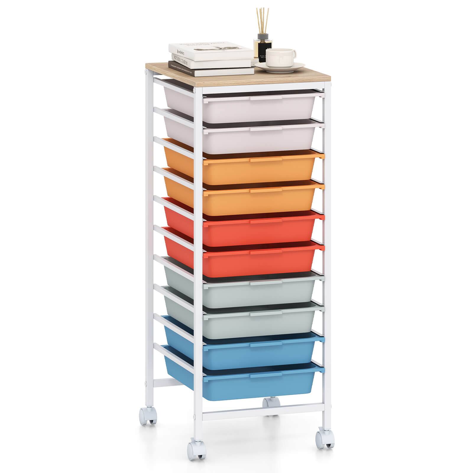 Costway - 10-Drawer Rolling Art & Craft Storage Carts with Wooden Tabletop, Lockable Wheels, Metal Frame - Natural + Macaron