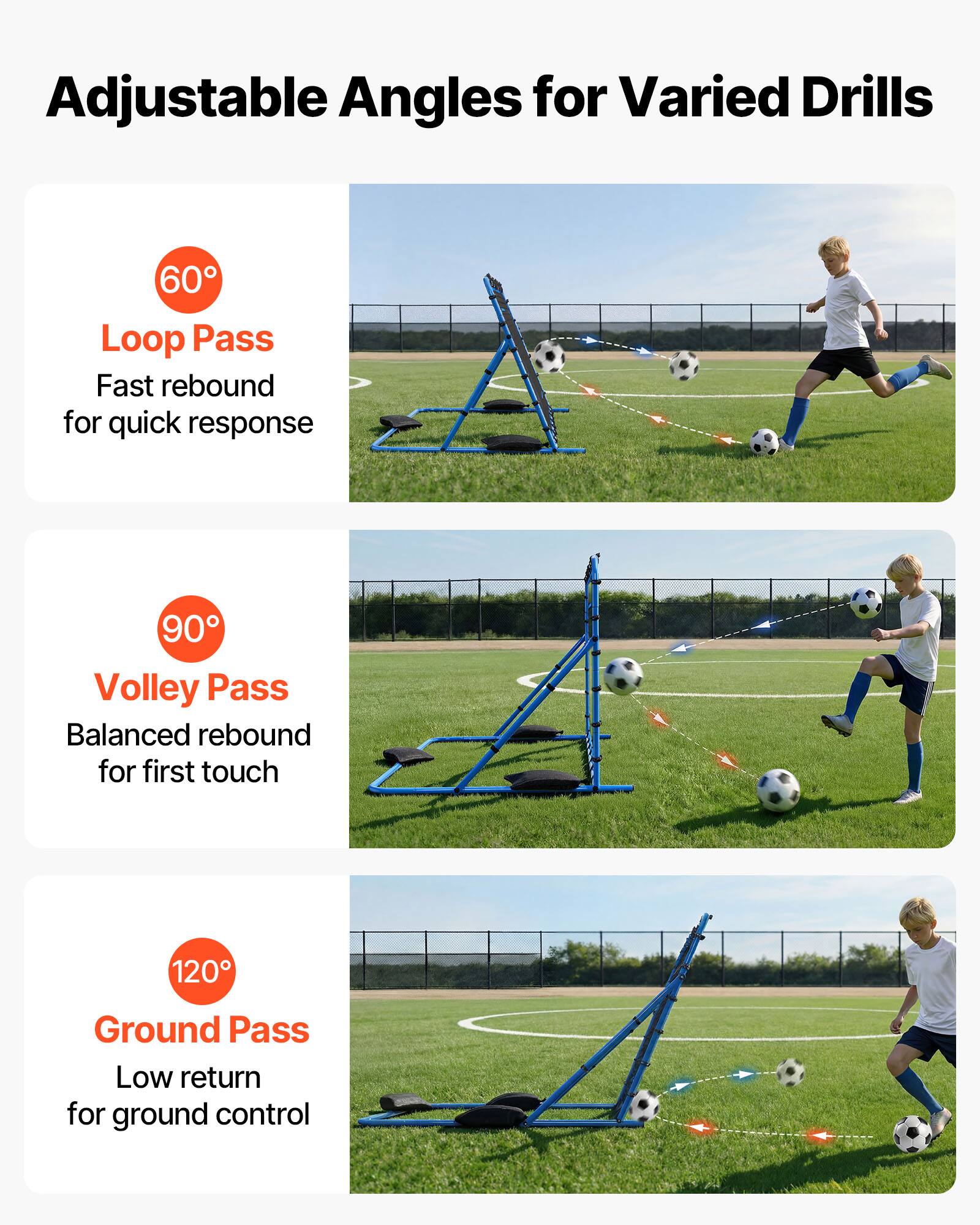 Adjustable Angles for Varied Drills

- **60° Loop Pass**  
  Fast rebound for quick response

- **90° Volley Pass**  
  Balanced rebound for first touch

- **120° Ground Pass**  
  Low return for ground control