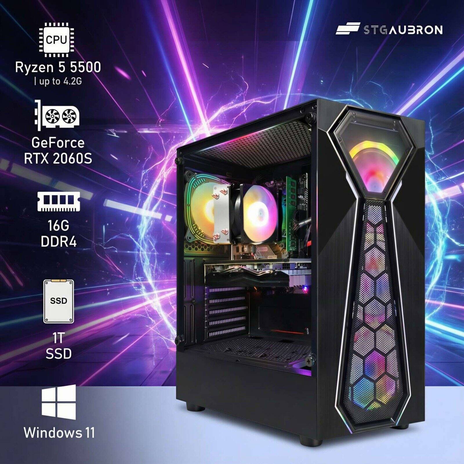 STGAubron Gaming PC Computer Desktop, AMD Ryzen 5 5500 up to 4.2