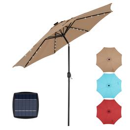 AENKYO - 10ft Solar Polyester 32 LED Lighted Patio Umbrella with Tilt Adjustment and UV-Resistant Fabric - Khaki