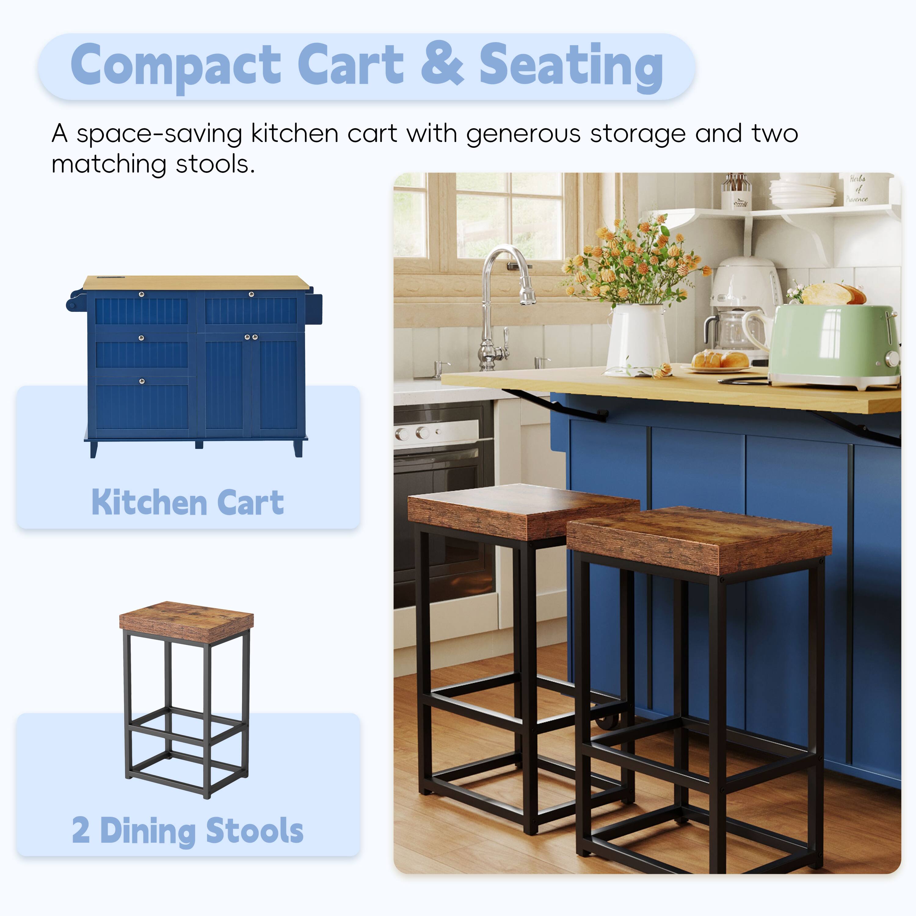 Compact Cart & Seating

A space-saving kitchen cart with generous storage and two matching stools.

Kitchen Cart

2 Dining Stools