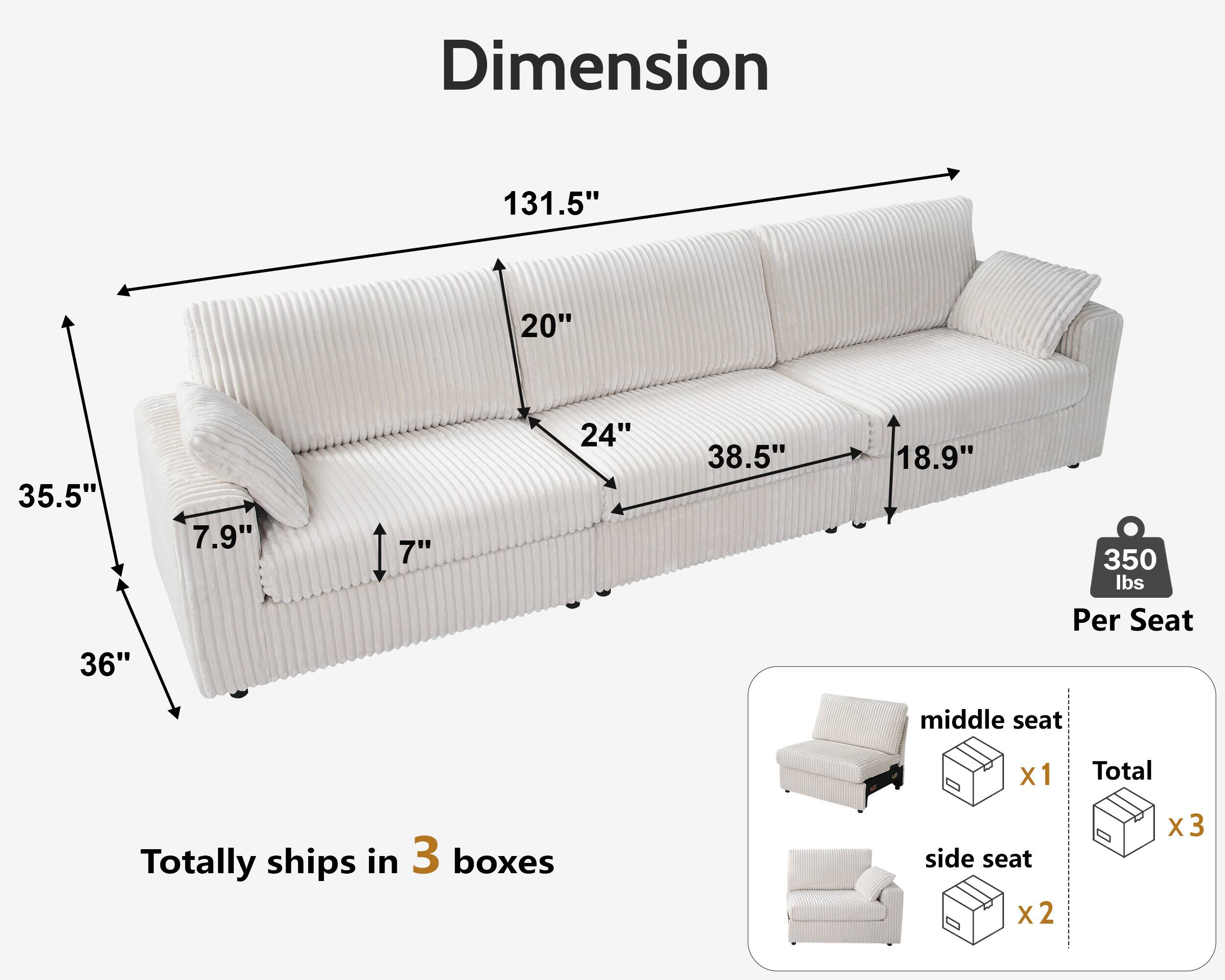 Dimension:  
131.5" x 20" x 35.5" x 36" x 7.9" x 7" x 24" x 38.5" x 18.9"  

350 lbs Per Seat  

Totally ships in 3 boxes  

middle seat x1  
side seat x2  

Total x3