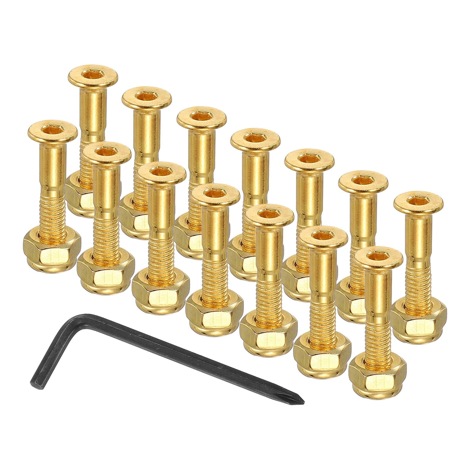 Unique Bargains - 13.5 mm/0.5" Skateboard Hardware Kit, 16pcs Mounting Screws Bolts Nuts Set with Hex Key for Cruiser - Gold