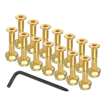 Front. Unique Bargains - 13.5 mm/0.5" Skateboard Hardware Kit, 16pcs Mounting Screws Bolts Nuts Set with Hex Key for Cruiser - Gold.