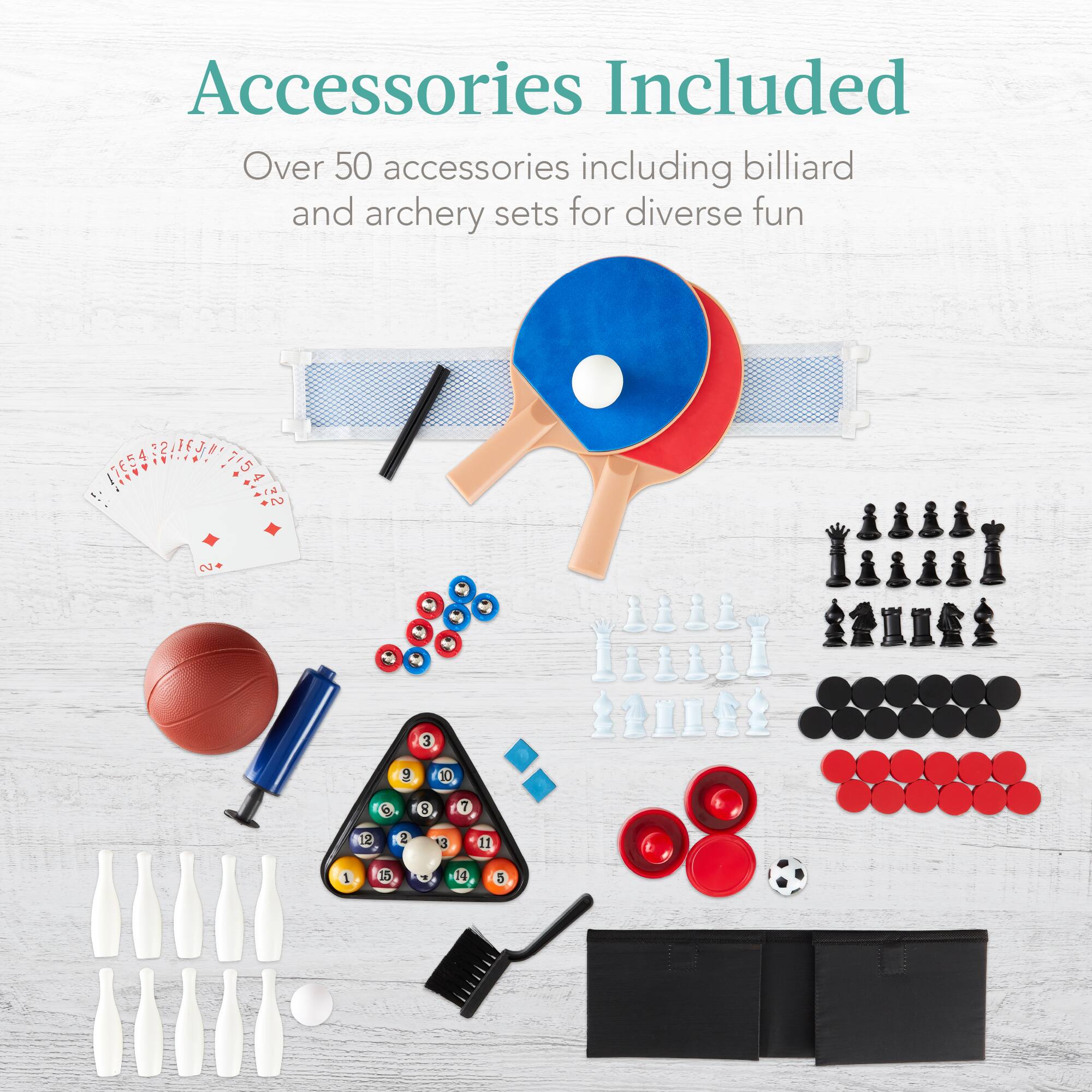 Accessories Included: Over 50 accessories including billiard and archery sets for diverse fun.