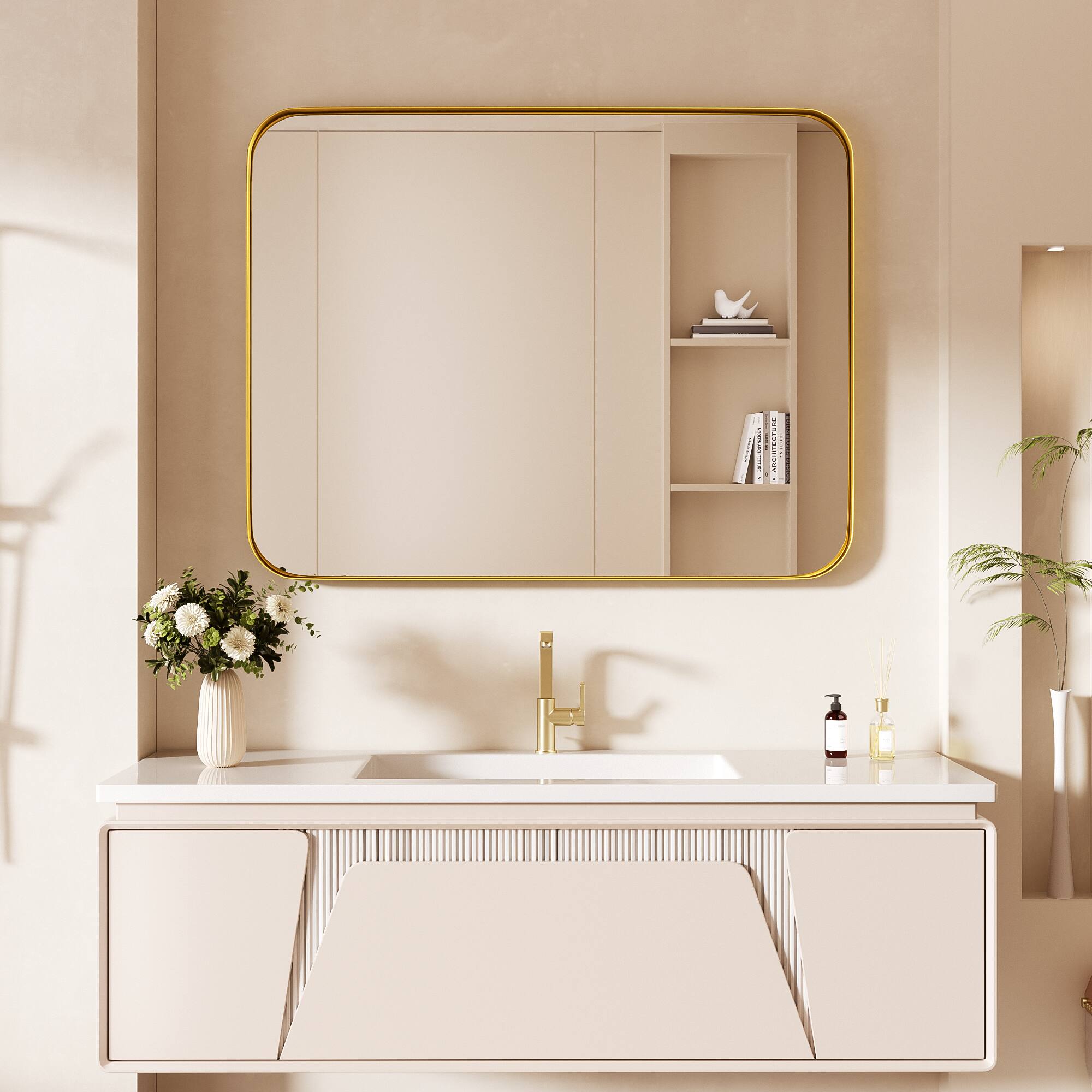 Left. LOVMOR - Tempered Glass Rounded Rectangle Framed Wall-Mounted Bathroom Vanity Mirror - 28" x 36" - Gold.