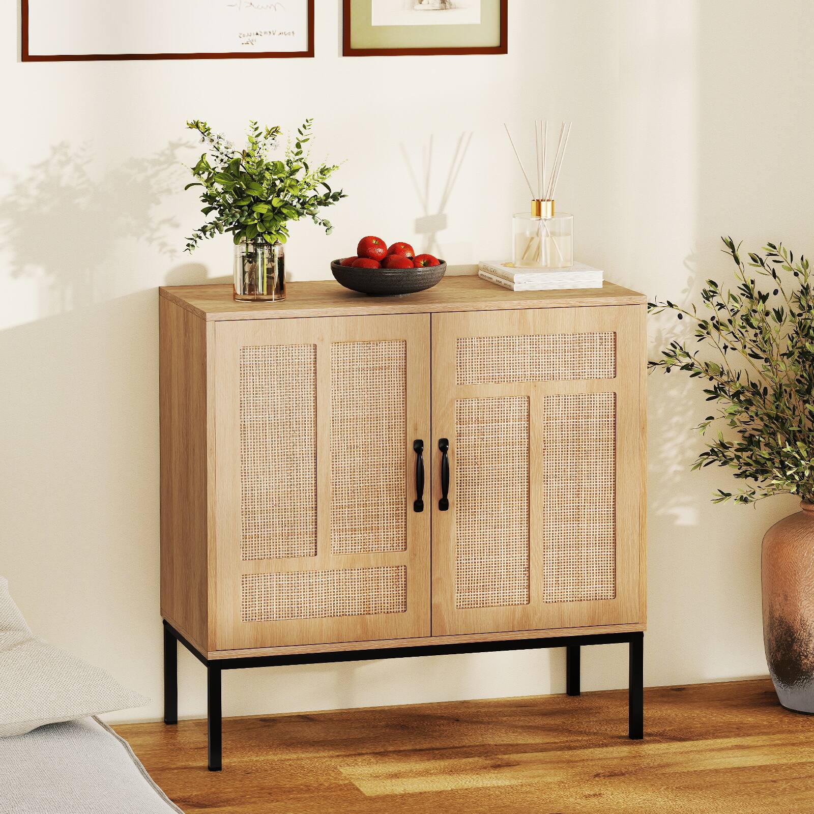 Alt View 1. Gymax - Gymax Rattan Storage Cabinet w/ 2-Door Buffet Sideboard & 3-Position Adjustable Shelf - Natural.