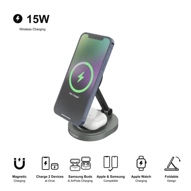 Energizer - 2-in-1 15W Magnetic MagSafe/Qi2 Fast 15W, Universal Charging Station/Stand Phones + AirPods + Apple Watch - Black