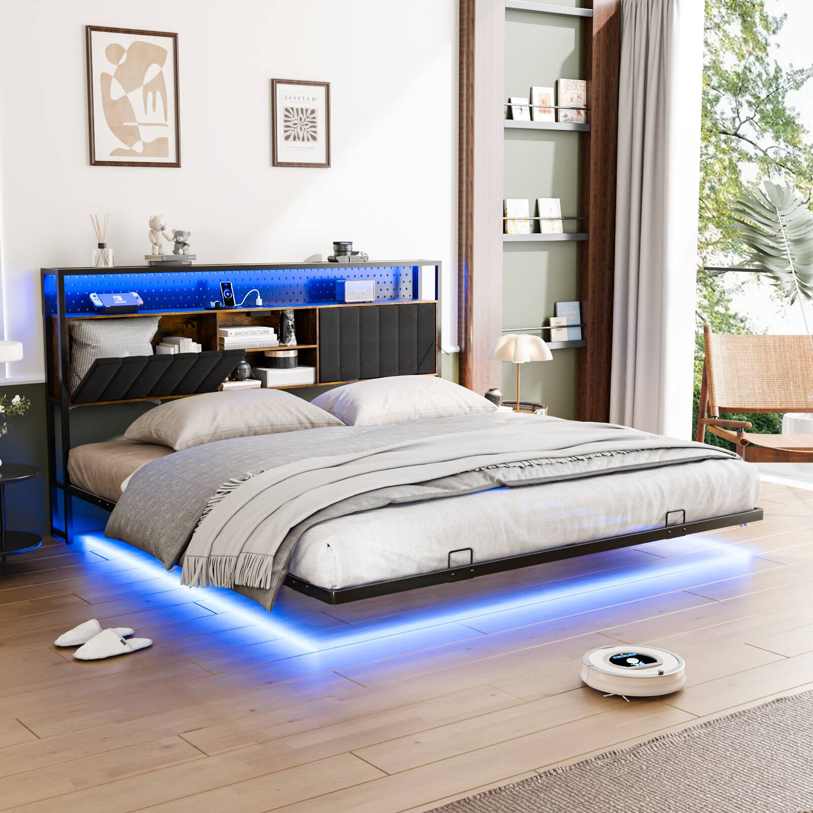 Winado - King Size Versatile Metal Bed Frame with Charging Station, LED Lights,Hidden Storage Headboard,No Box Spring Needed - Industrial Brown
