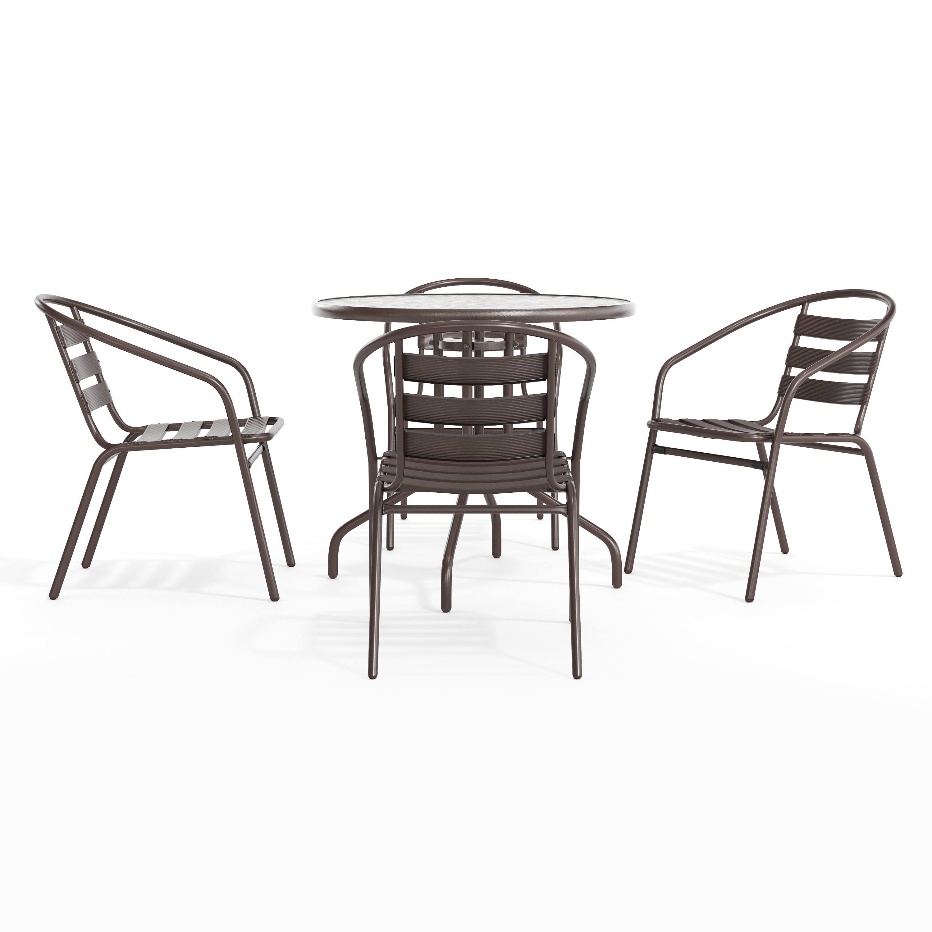 Left. Flash Furniture - Lila 31.5'' Round Glass Top Metal Table with 4 Bronze Aluminum Slat Stack Chairs - Brown.