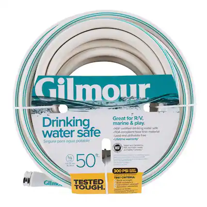 Gilmour
Great for RV, marine & play.
NSF certified drinking water safe
FDA compliant hose liner material
Lead and phthalate free
Lifetime warranty
Segura para agua potable
Tested and Certified by NSF, the Public Health and Safety Company
50 ft.
5/8" (1.6 cm)
15.24 cm
50% BURST
300 PSI RATING
TESTED TOUGH
TEST CRITERIA:
- Burst strength
- Kink resistance strength
- Connection
- Abrasion resistance
- TOUGH