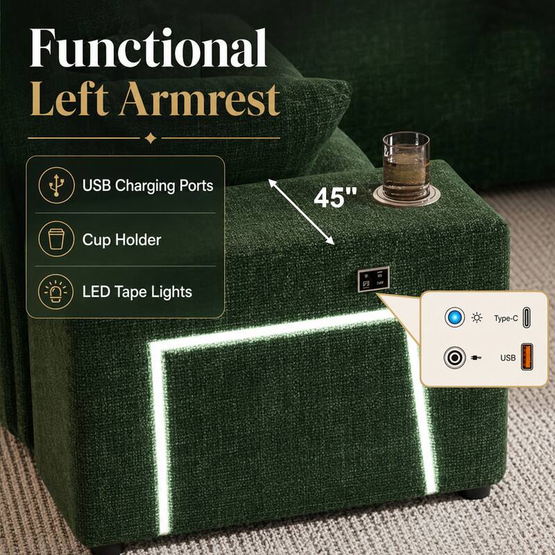 Functional Left Armrest  
USB Charging Ports  
Cup Holder  
LED Tape Lights  
45"  
Type-C USB