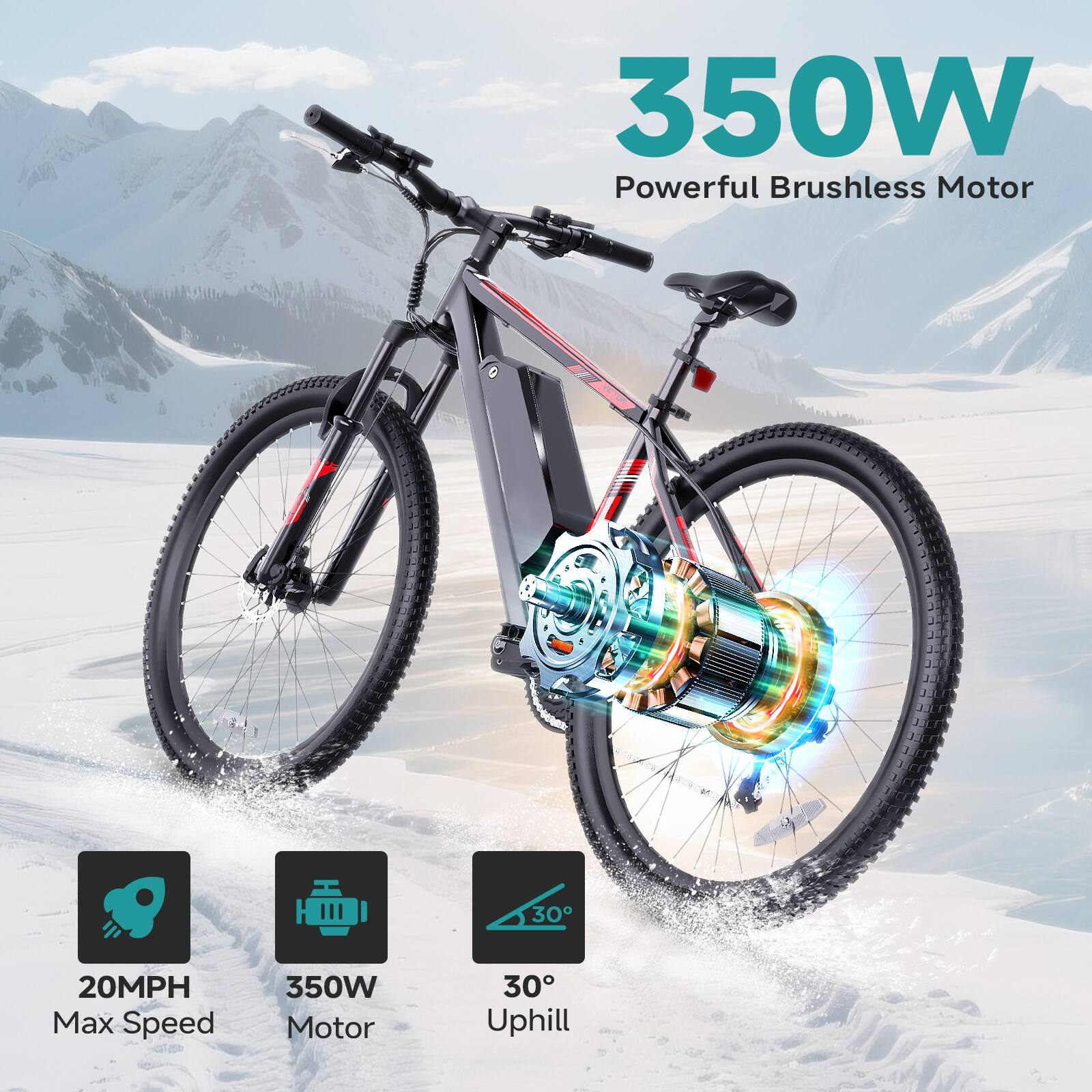 350W Powerful Brushless Motor  
20MPH Max Speed  
350W Motor  
30° Uphill