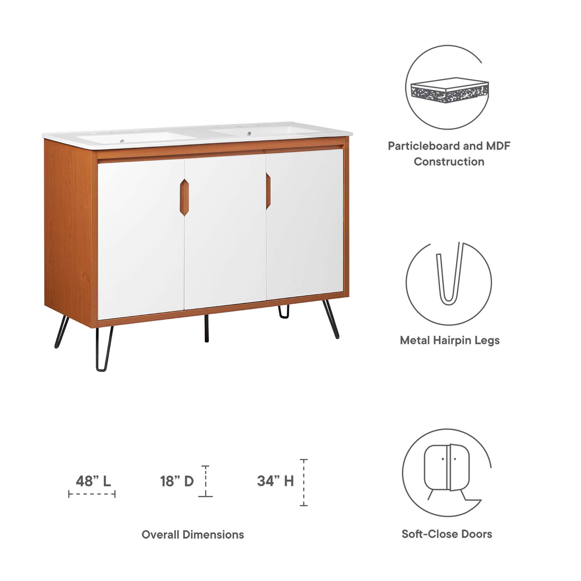 Particleboard and MDF Construction  
Metal Hairpin Legs  
48" L x 18" D x 34" H Overall Dimensions  
Soft-Close Doors