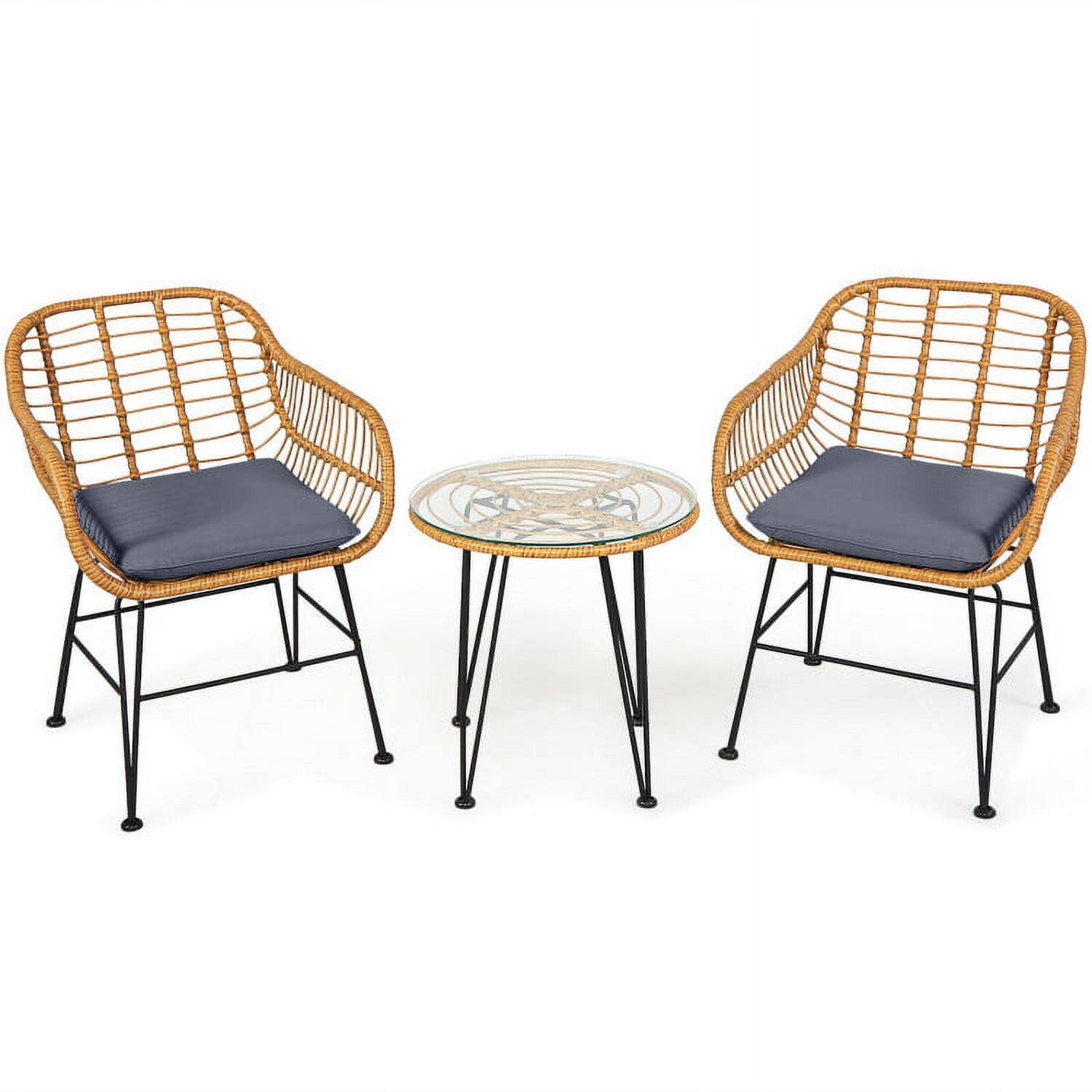 Back. Kadyn - 3 Pieces Rattan Furniture Set, Small Patio Conversation Furniture Set with Cushioned Chair Table-Gray - Gray.