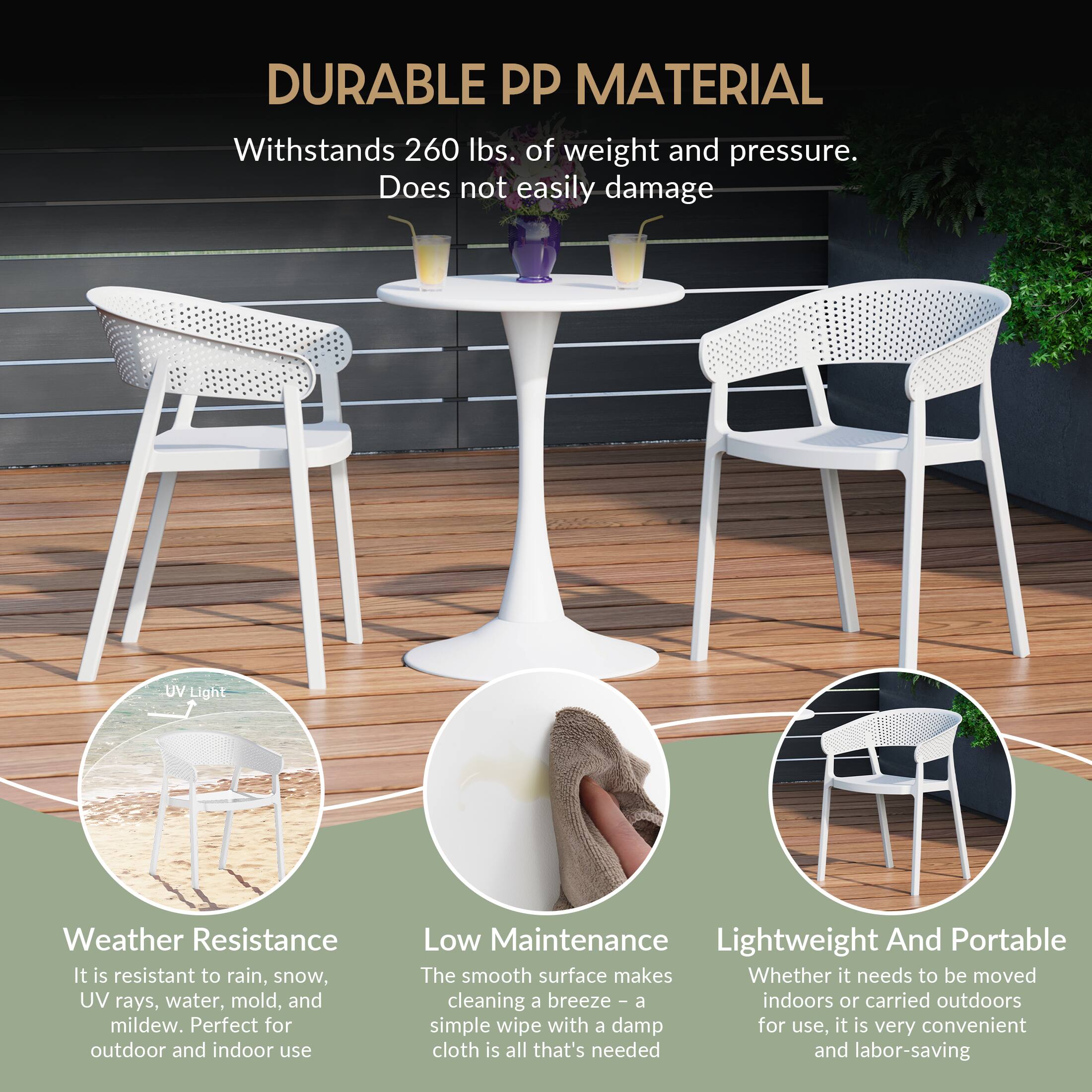 DURABLE PP MATERIAL  
Withstands 260 lbs. of weight and pressure.  
Does not easily damage  

UV Light  
Weather Resistance  
It is resistant to rain, snow, UV rays, water, mold, and mildew. Perfect for outdoor and indoor use  

Low Maintenance  
Lightweight And Portable  
The smooth surface makes cleaning a breeze - a simple wipe with a damp cloth is all that's needed and labor-saving