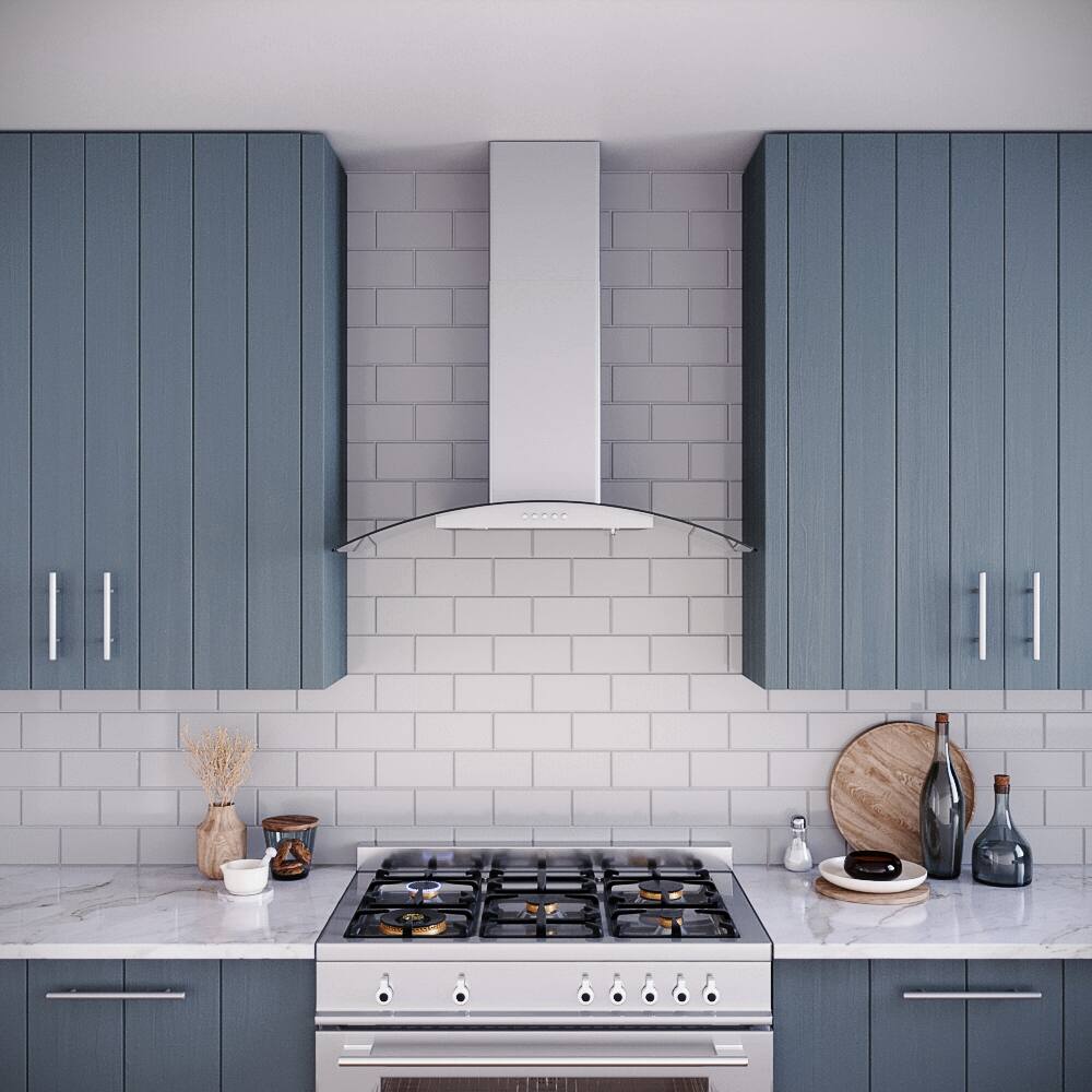 Left. Streamline - 36 in. Alfonso Convertible Wall Mount 220 CFM Range Hood, Baffle Filters, Push Button Control, LED Lights - Brushed Stainless Steel.