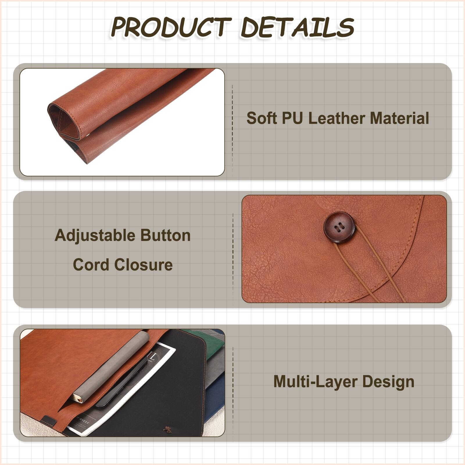 PRODUCT DETAILS

- Soft PU Leather Material
- Adjustable Button Cord Closure
- Multi-Layer Design