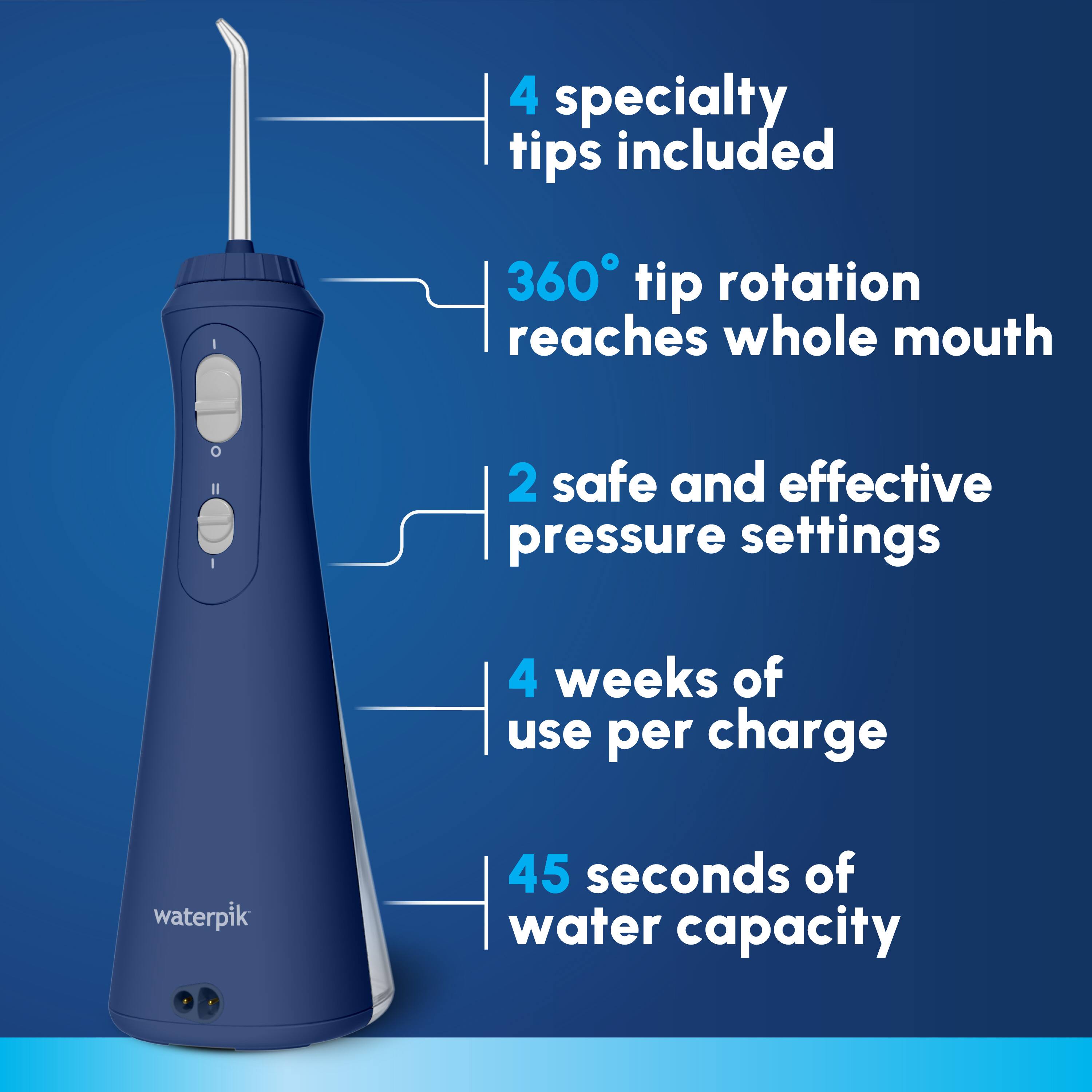 The text on the image can be grouped and corrected as follows:
* 4 specialty tips included
* 360 tip rotation reaches whole mouth
* 2 safe and effective pressure settings
* 4 weeks of use per charge
* Waterpik
* 45 seconds of water capacity