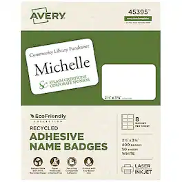 Avery - EcoFriendly Sticker Name Tags/Labels, 2 1/3" x 3 3/8", 50 Sheets/Pack, 400 Labels/Pack - White