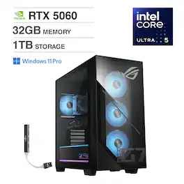 ASUS - ROG G700 Desktop PC (Ultra 5 225F, 32GB, 1TB SSD, GeForce RTX 5060, RGB KB, WiFi 6, Win 11 Pro) w/USB Hub - Black