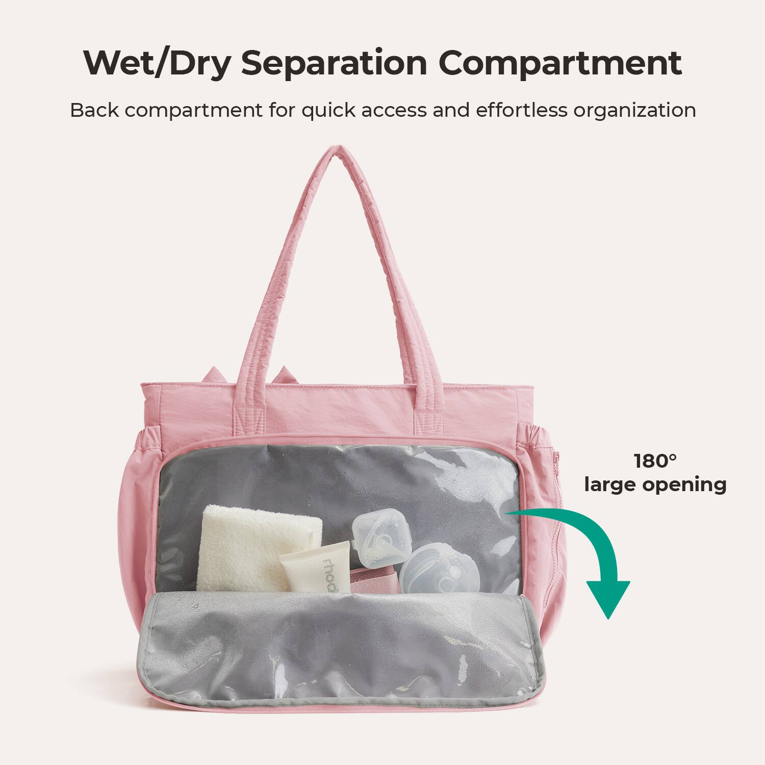 Wet/Dry Separation Compartment  
Back compartment for quick access and effortless organization  
180° large opening