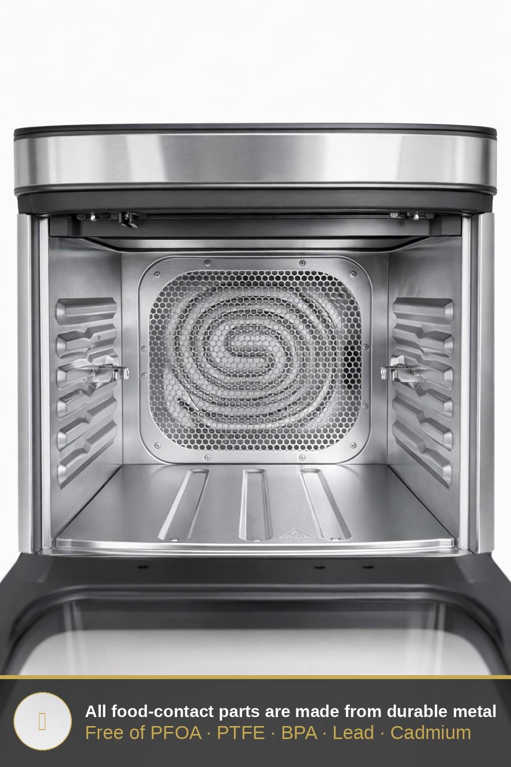 All food-contact parts are made from durable metal. Free of PFOA, PTFE, BPA, Lead, Cadmium