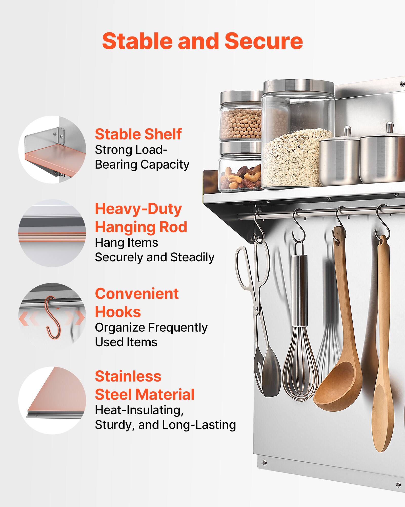 Stable and Secure

- Stable Shelf
  - Strong Load-Bearing Capacity

- Heavy-Duty Hanging Rod
  - Hang Items Securely and Steadily

- Convenient Hooks
  - Organize Frequently Used Items

- Stainless Steel Material
  - Heat-Insulating, Sturdy, and Long-Lasting