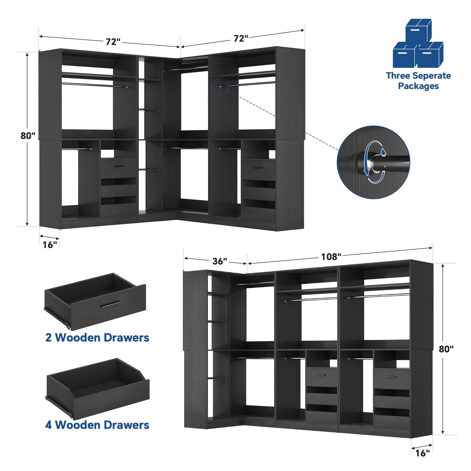 72"  
72"  
Three Separate Packages  
80"  
16"  
36"  
108"  
2 Wooden Drawers  
80"  
4 Wooden Drawers  
16"