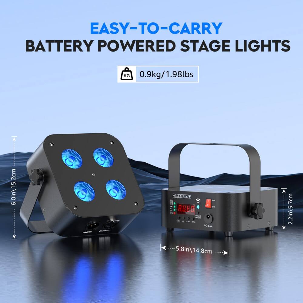 EASY-TO-CARRY BATTERY POWERED STAGE LIGHTS  
0.9kg/1.98lbs  
6.0in/15.2cm  
5.8in/14.8cm  
2.2in/5.7cm