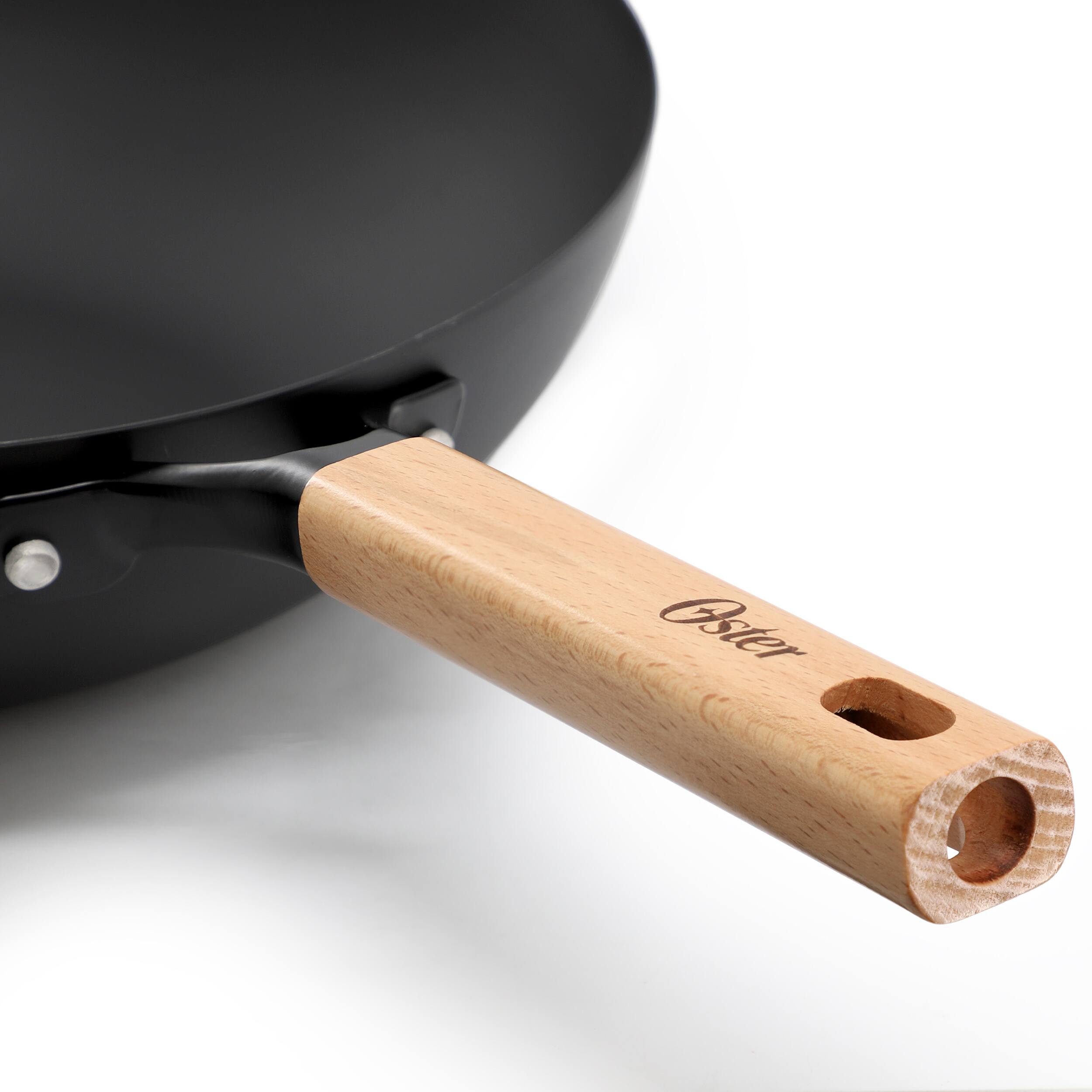 Alt View 3. Oster - Oster Northcliffe 13.5 Inch Round Carbon Steel Flat Base Wok with Wooden Handles - Black.