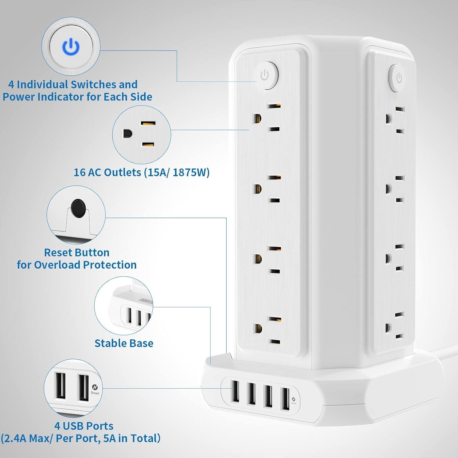 4 Individual Switches and Power Indicator for Each Side  
16 AC Outlets (15A/1875W)  
Reset Button for Overload Protection  
Stable Base  
4 USB Ports (2.4A Max/Per Port, 5A in Total)