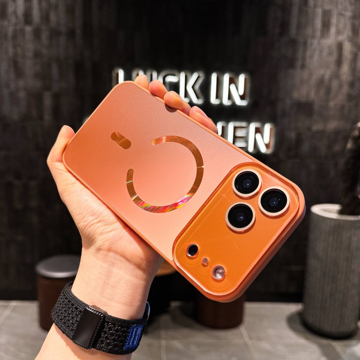 Front. UUCOVER - Magnetic Case for Apple iPhone 17 Pro with Camera Lens Protector, Compatible with MagSafe, Matte Iridescent Back Cover - Orange.