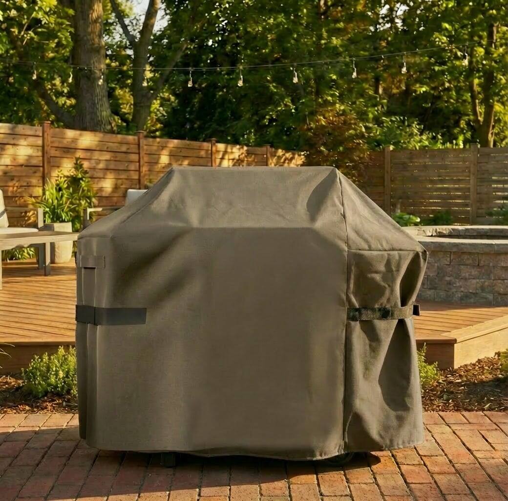 Angle. KHOMO GEAR - 30-Inch BBQ Grill Cover - Heavy-Duty Waterproof Outdoor Cover for Gas Grills - UV-Resistant, Fade-Proof, Rip-Proof.