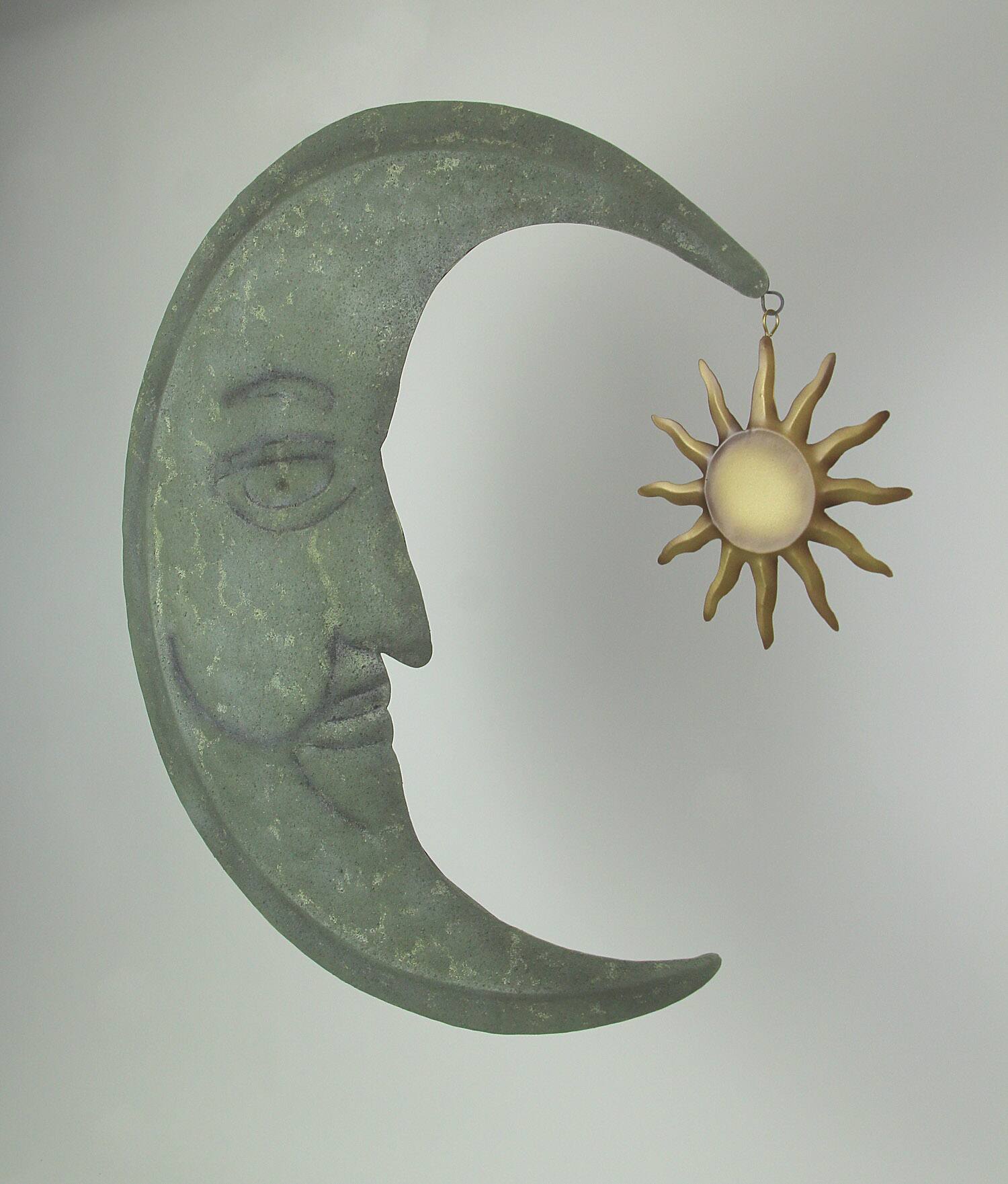 Alt View 1. Zeckos - Weathered Verdigris Green Finish Metal Crescent Moon Wall Hanging W/ Sun Dangler - Green.
