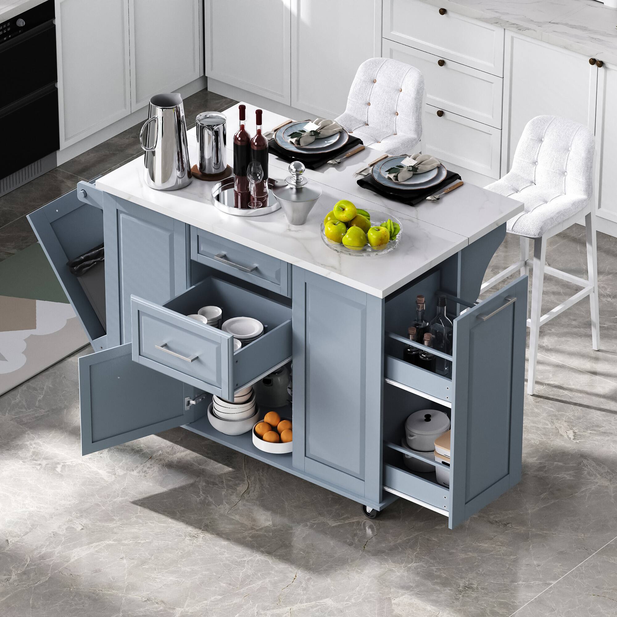 Angle. PexFix - 50.7" Mobile Kitchen Island with Drop Leaf & Hidden Trash Can - Rolling Cart with Drawers, Organizer & Faux Marble Top - Gray.