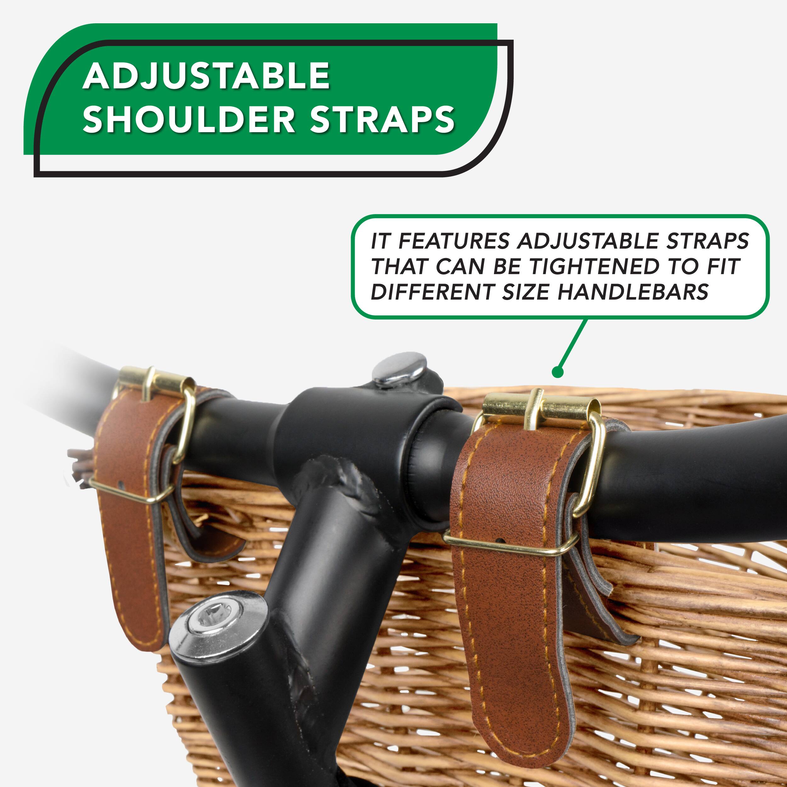 ADJUSTABLE SHOULDER STRAPS IT FEATURES ADJUSTABLE STRAPS THAT CAN BE TIGHTENED TO FIT DIFFERENT SIZE HANDLEBARS